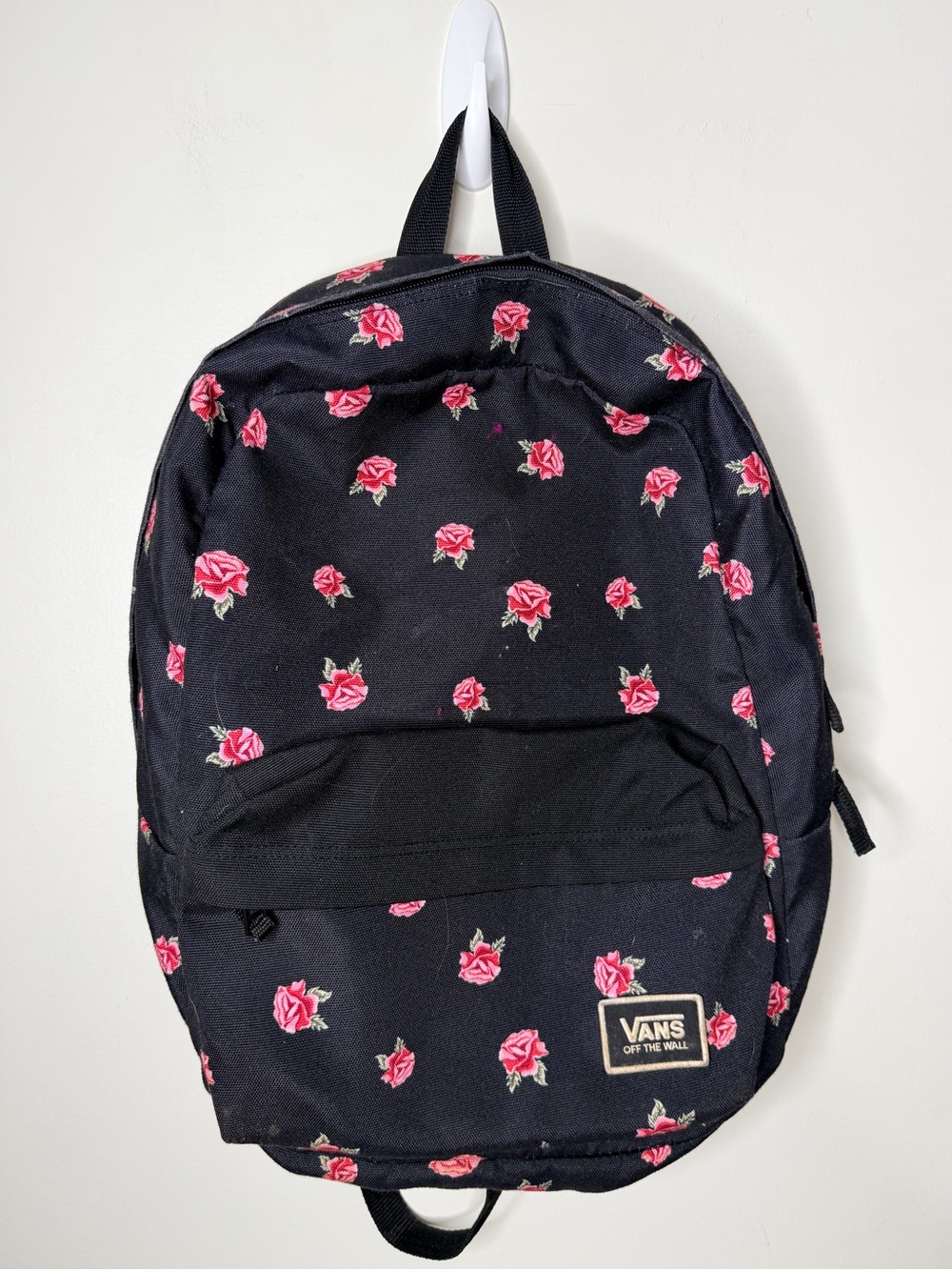 Vans Realm Black Backpack with Pink Rose Print